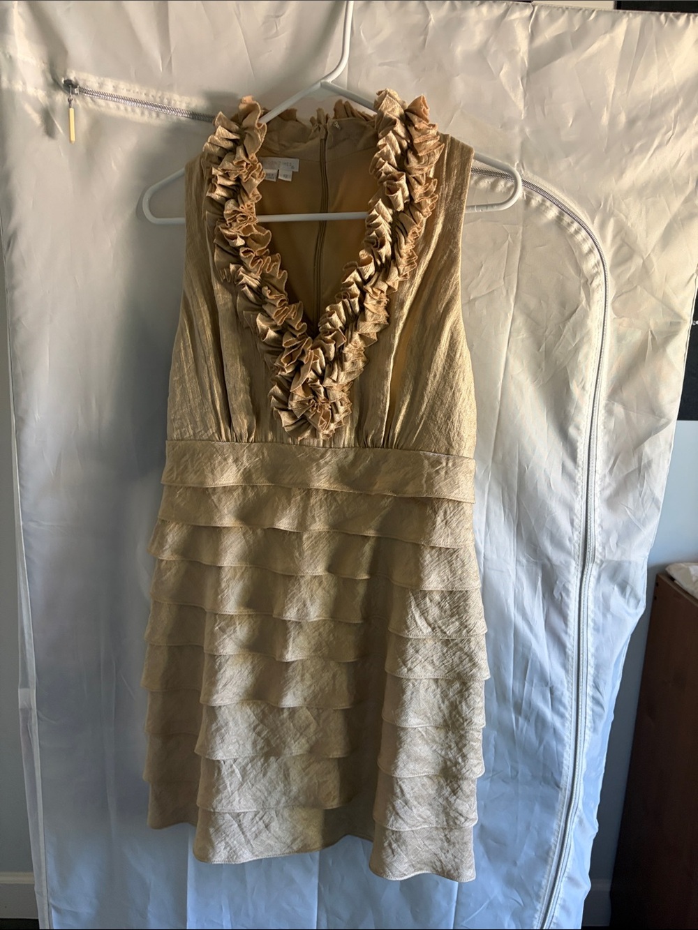 PRICE DROP - London Times Sleeveless Ruffle V-Neck Tiered Dress gold - size 12